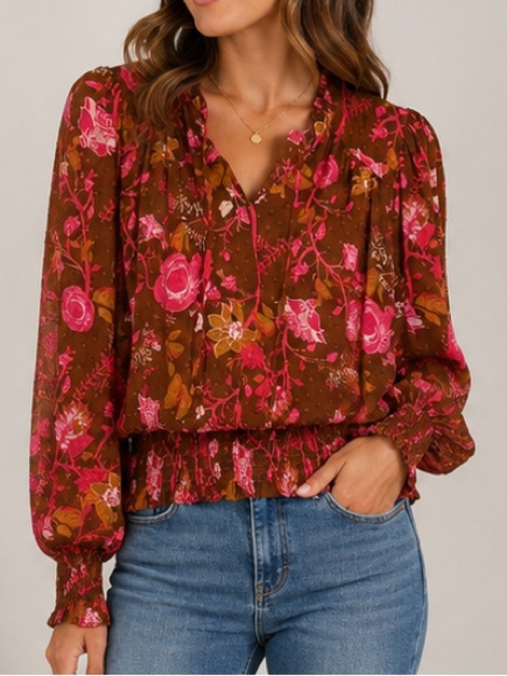 Joie Brown Pink Floral Smocked Blouse Size Medium Boho Long Sleeve Top